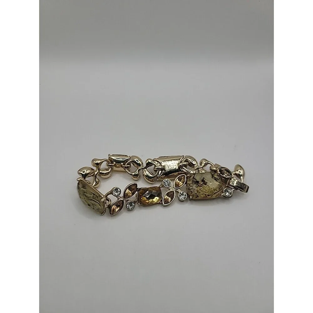 Napier Bracelet Gold Tone Amber Glass Rhinestone Link Statement Vintage Style - Picture 5 of 10